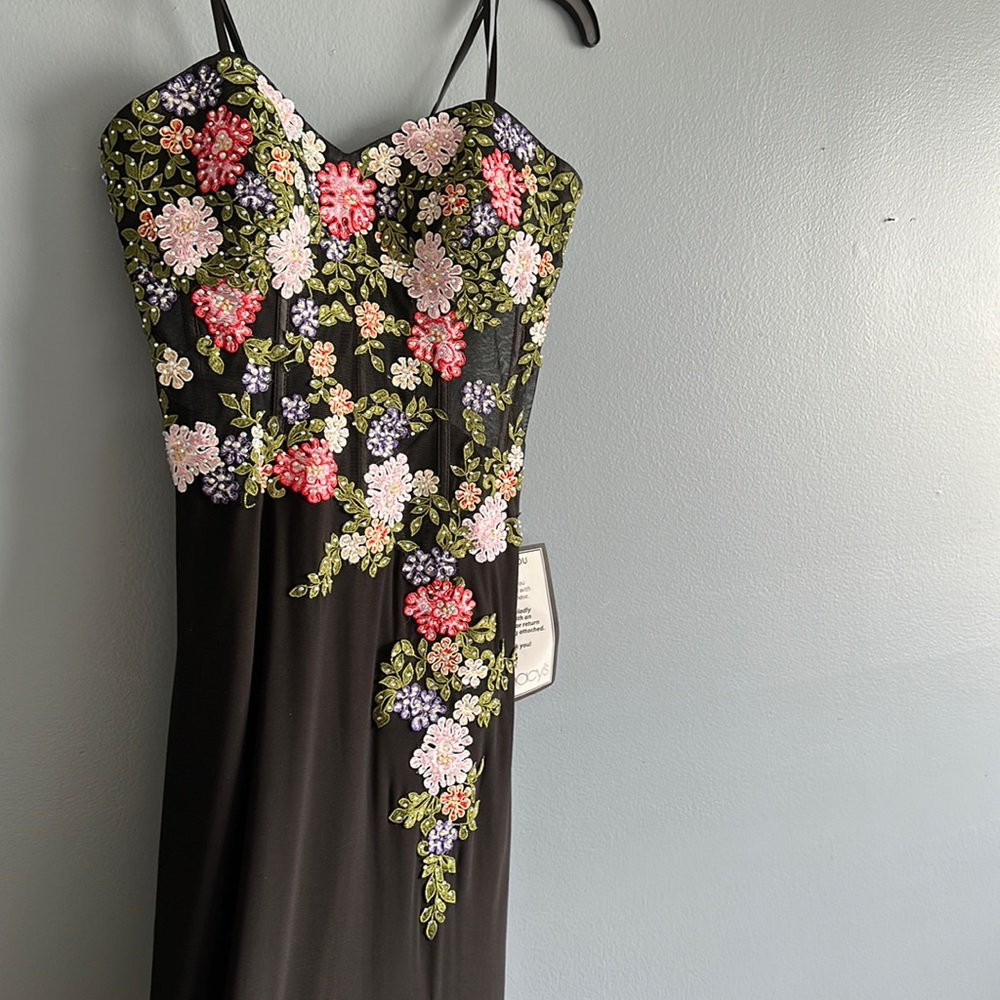 Brand new long maxi black corset dress with embroidered flowers and leg slit